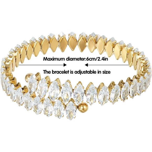 Gold White Rhinestone Cuff Bracelet Cubic Zirconia Tennis Bracelets for Women - Picture 6 of 6